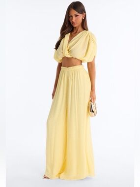 Yellow Two-Piece Puff Sleeve Crop Top & Wide Leg Pants Set